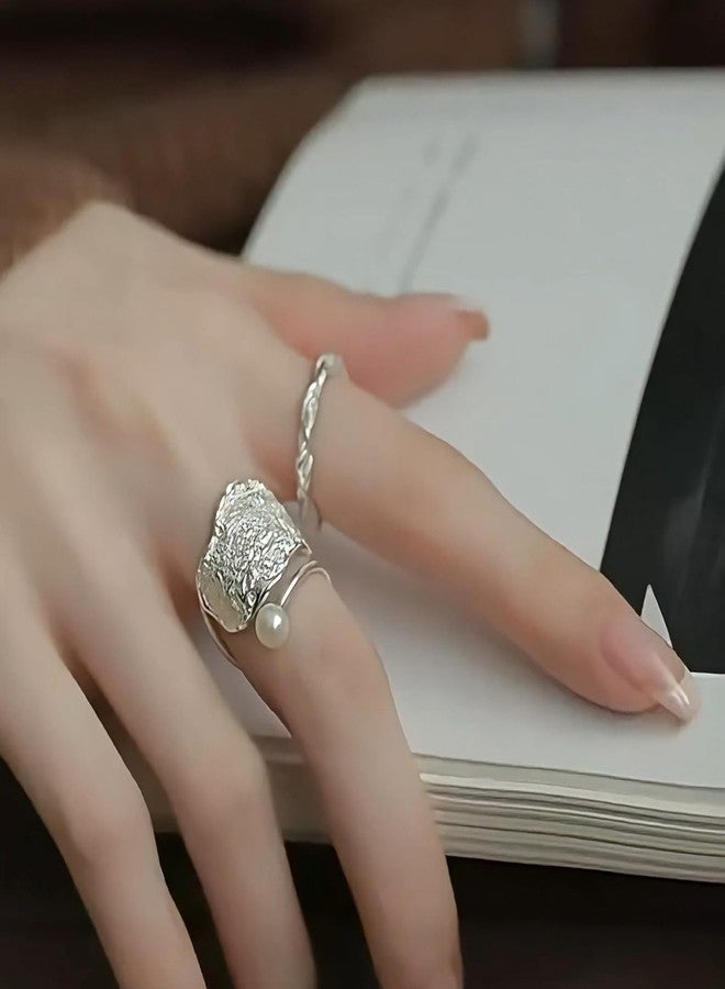 vinsiora Silvery twisted rope ring with irregular geometric lines and pearl accents in a minimalist style, featuring a strong design and adjustable (geometry) - Image 5